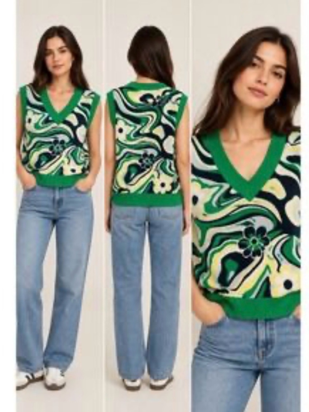 Sunday Best Green Floral Swirl V-Neck Knit Vest